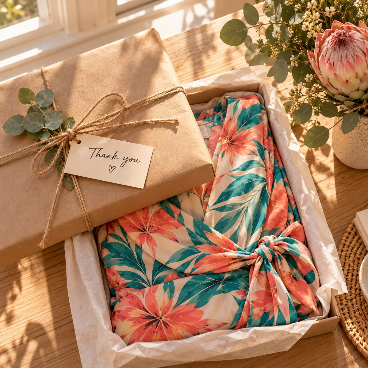 A kraft parcel tied with twine and a Thank you tag, with a folded floral summer dress inside