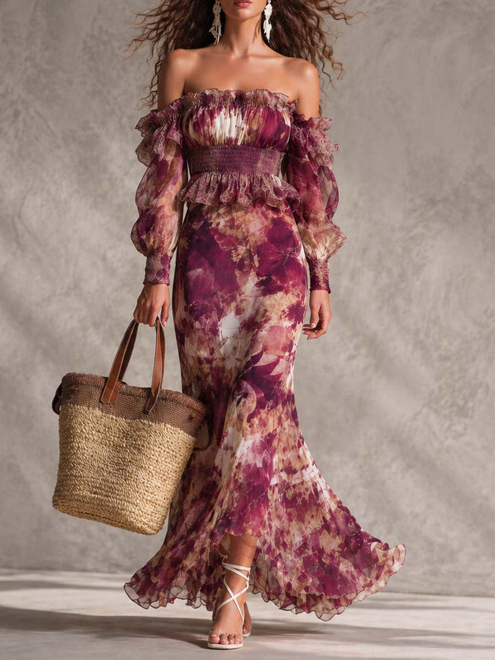 Evelyn | Maxi Off-Shoulder Dress in Antique Pink with Floral Pattern