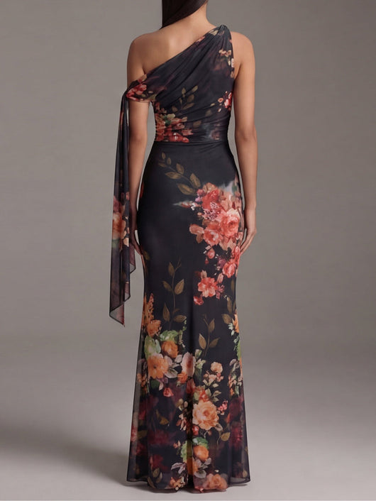 Black One-Shoulder Printed Pleated Chiffon Maxi Dress