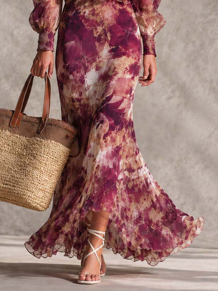 Evelyn | Maxi Off-Shoulder Dress in Antique Pink with Floral Pattern