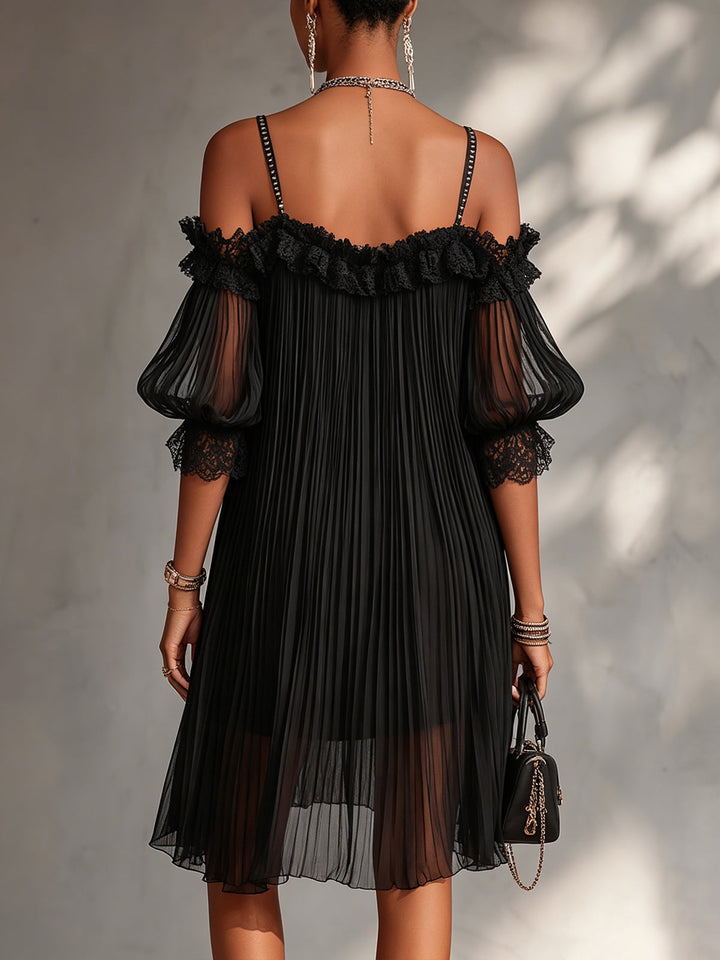 Joanne | Black Mini Dress with Off-the-Shoulder Design and Lace Trim