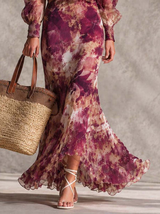 Rose Pink Floral Off-Shoulder Chiffon Maxi Dress