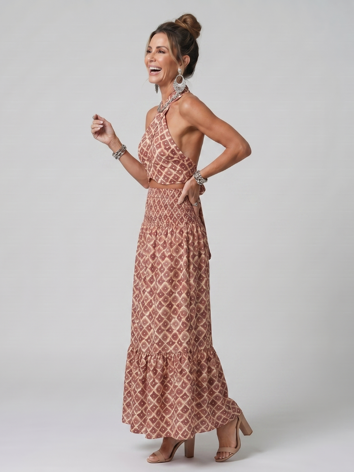 Amira | Cross Halter Geometric Print Cutout Midi Dress