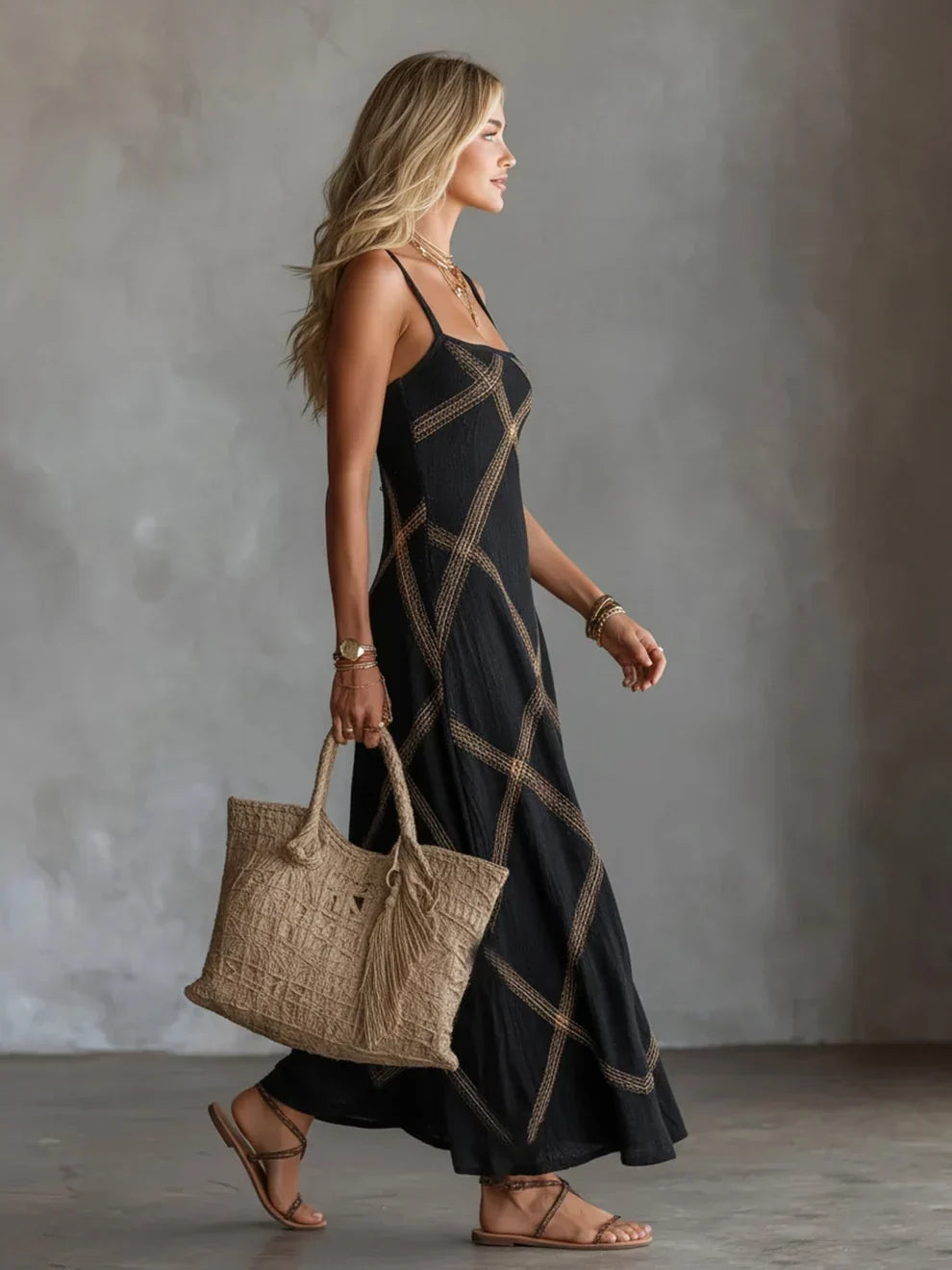Melisa Geometric Maxi Dress with Square Neckline