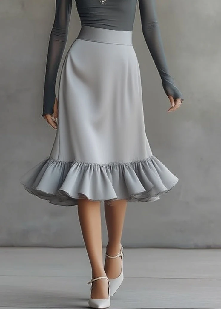 Complete Midi Dress Gray with Off-Shoulder Top and Long Sleeves and Ruffled Hem