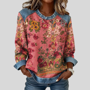 Orabelle™ | Floral Print Denim-Trim Sweatshirt