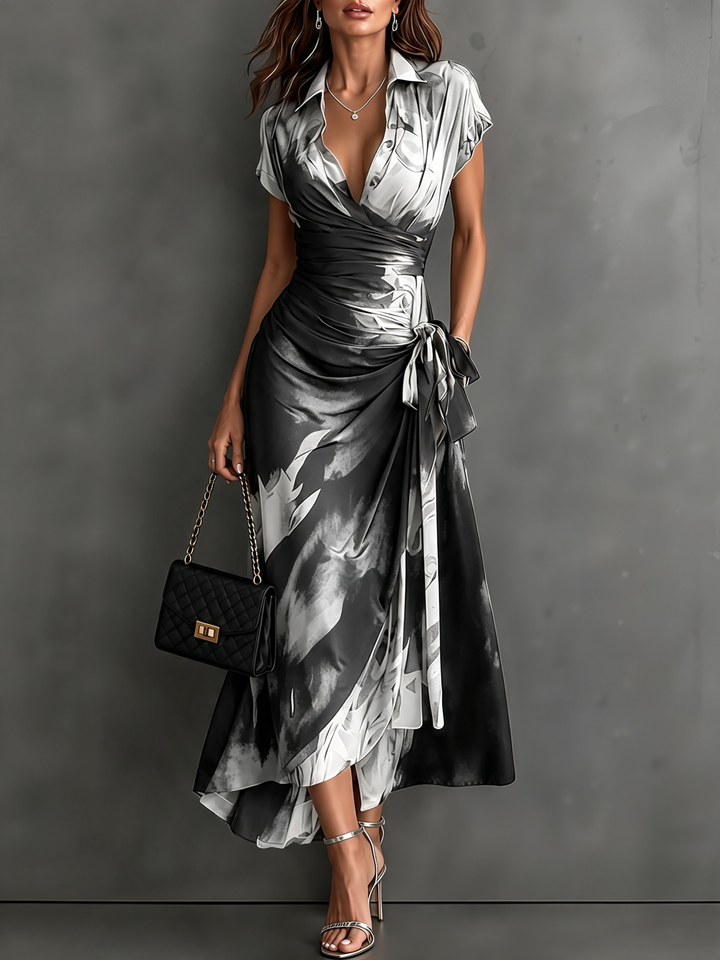 Midi Wallet Dress with Abstract Print in White, V-Neck Collar, Short Sleeves, Waist Tie, Asymmetrical Hem with Ruffles