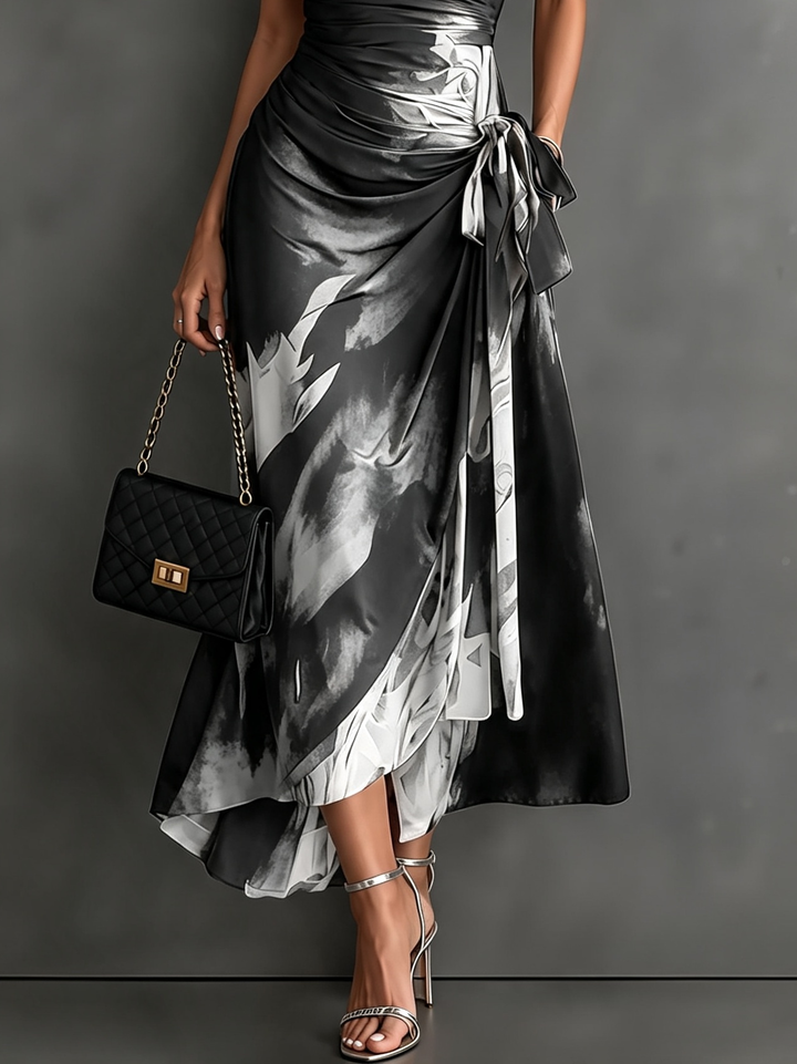 Midi Wallet Dress with Abstract Print in White, V-Neck Collar, Short Sleeves, Waist Tie, Asymmetrical Hem with Ruffles