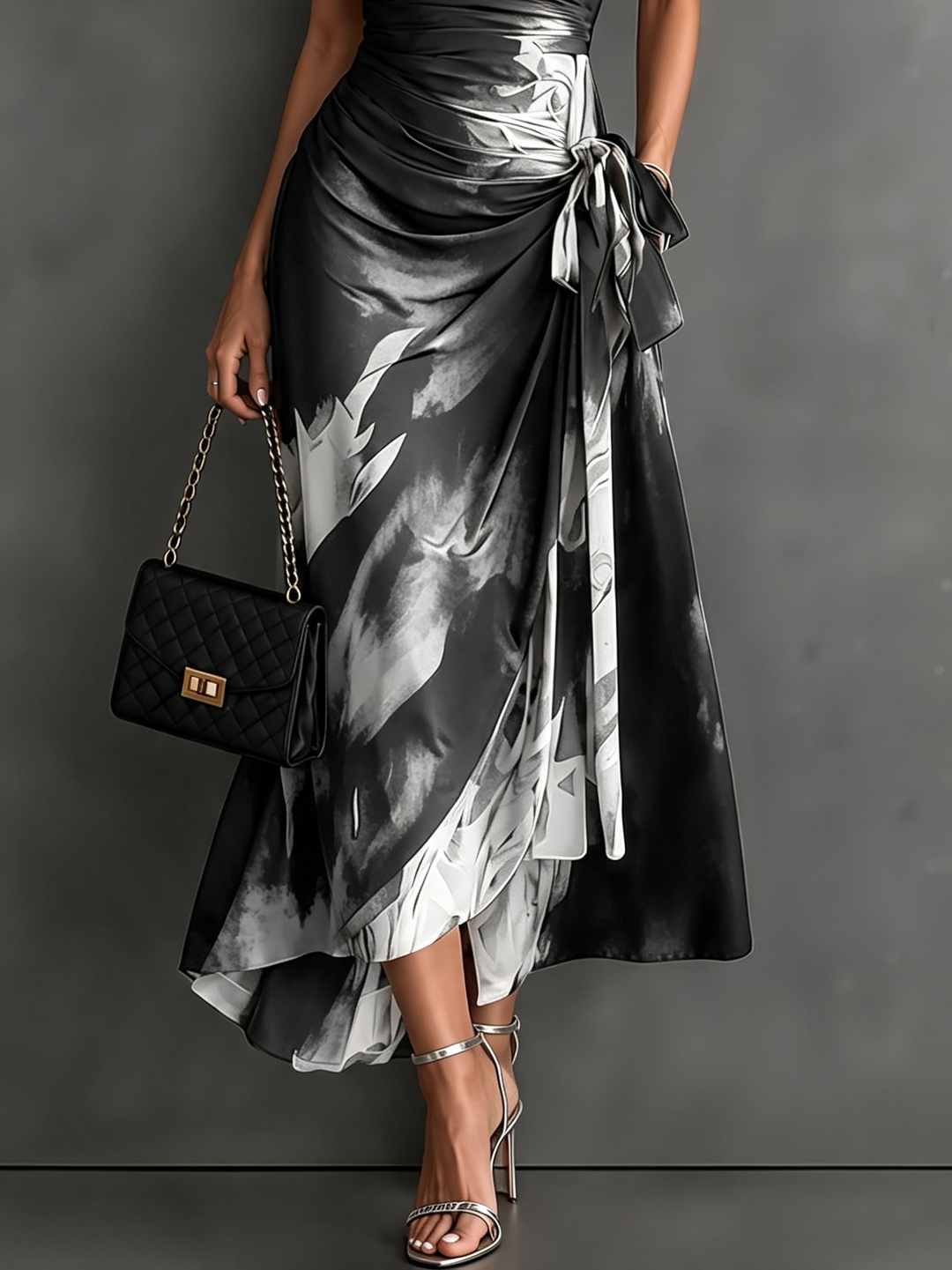 Midi Wallet Dress with Abstract Red and Black Print, V-Neck Collar, Short Sleeves, Bow Waist, Asymmetrical Hem with Ruffles