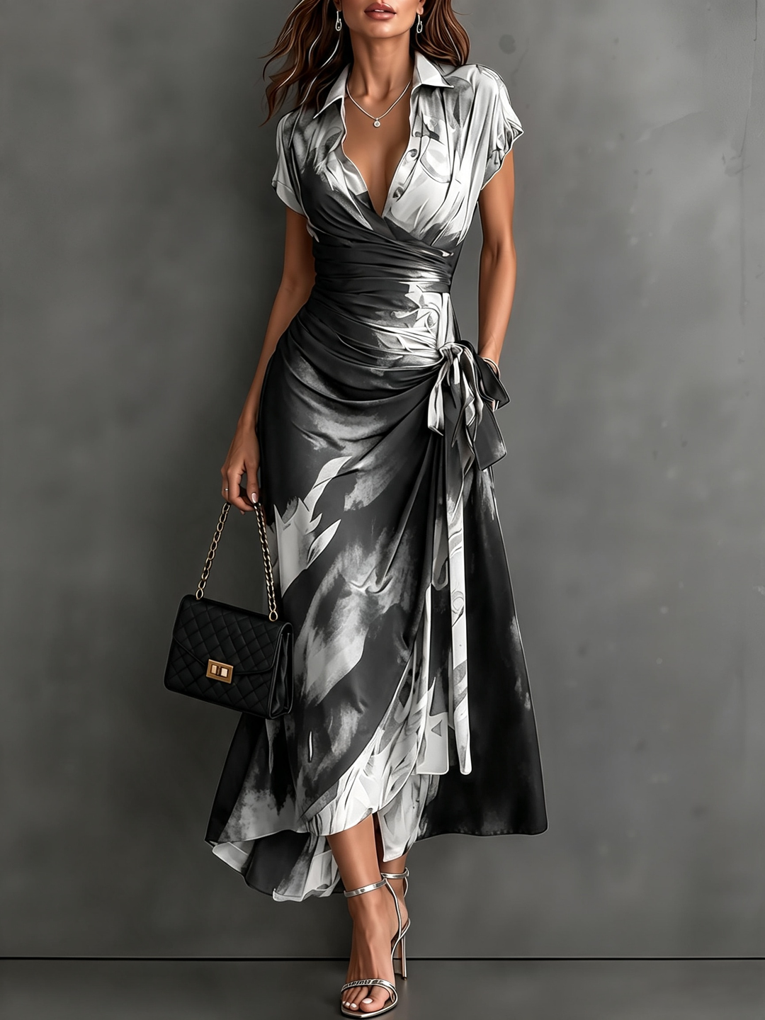 Midi Wallet Dress with Abstract Red and Black Print, V-Neck Collar, Short Sleeves, Bow Waist, Asymmetrical Hem with Ruffles