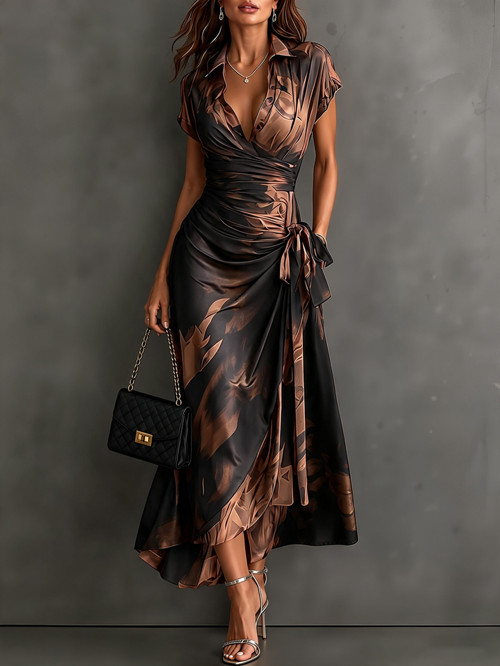 Midi Wallet Dress with Abstract Red and Black Print, V-Neck Collar, Short Sleeves, Bow Waist, Asymmetrical Hem with Ruffles