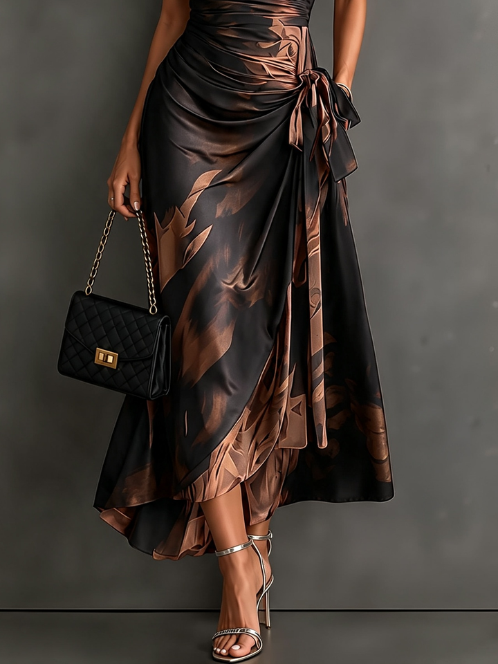 Midi Wallet Dress with Abstract Red and Black Print, V-Neck Collar, Short Sleeves, Bow Waist, Asymmetrical Hem with Ruffles