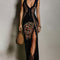Bohemian-Style Printed Dress with Deep V-Neck and High Slit