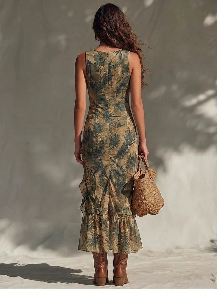 Palm Print Ruffle Ruched Slit Maxi Dress