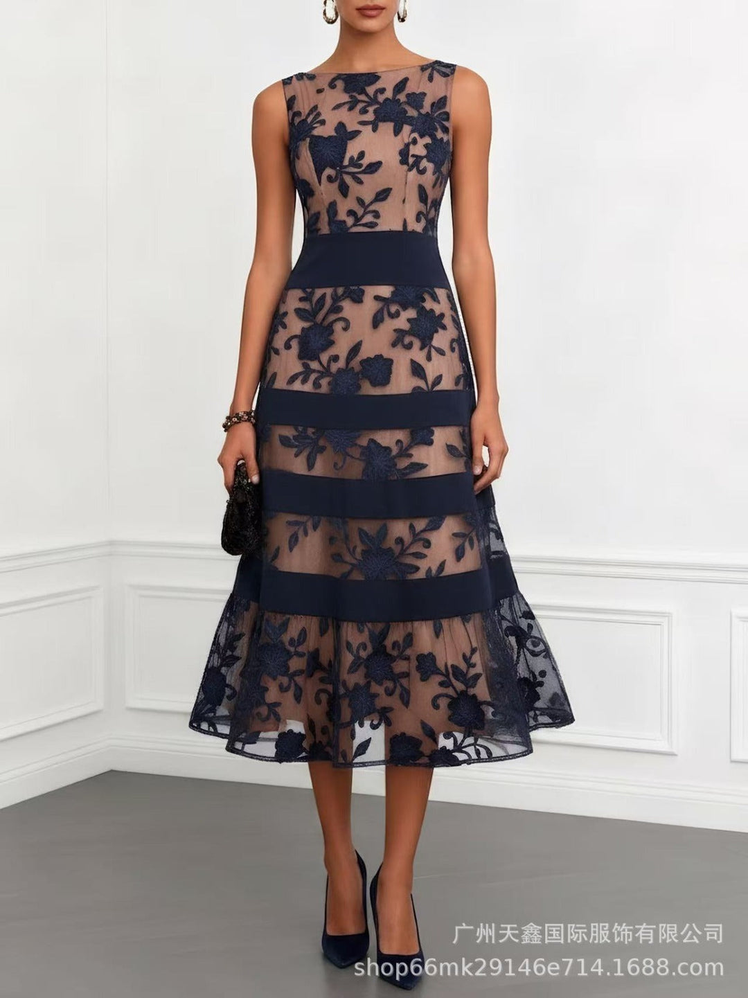 Odette Floral Embroidered Tulle Midi Dress