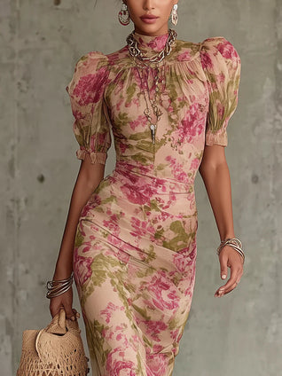 Vintage Rose Print Maxi Dress With Puff Sleeves (Accessories not included)