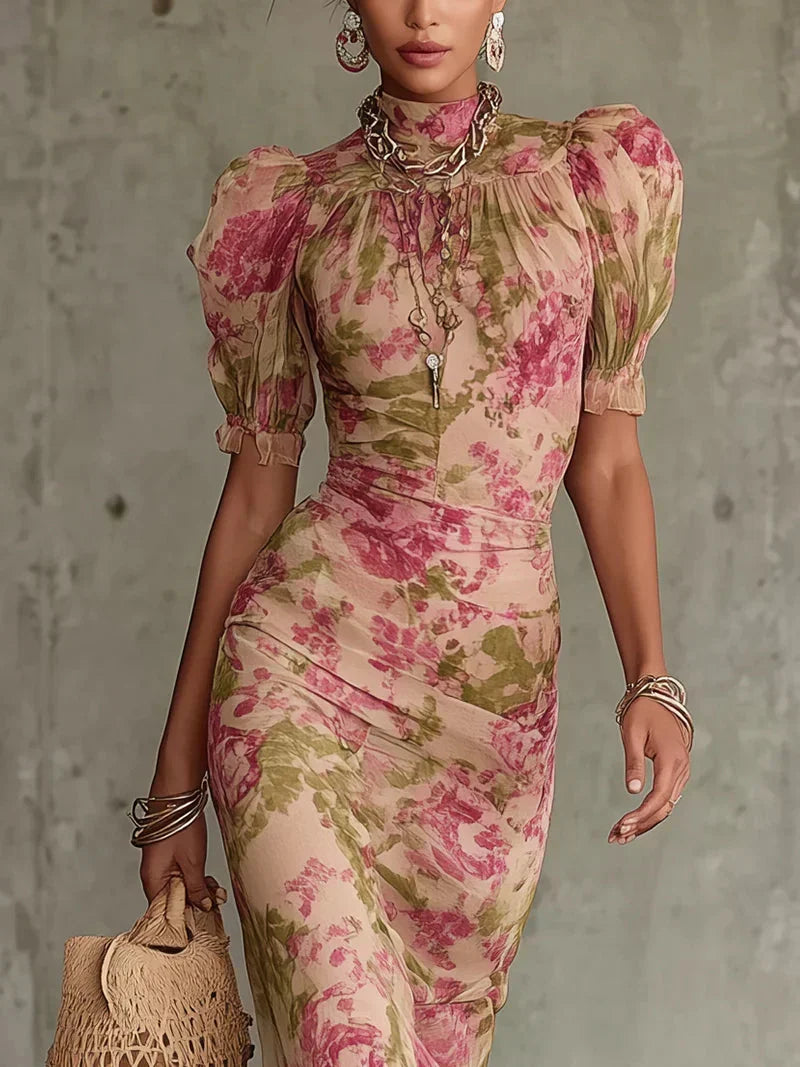 Eugenia Vintage Floral Print Maxi Dress in Pink with Puff Sleeves (Accessories not included)