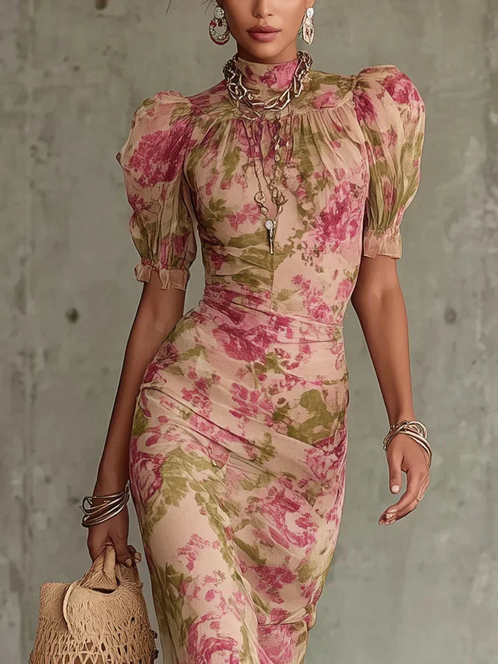Eugenia Vintage Floral Print Maxi Dress in Pink with Puff Sleeves (Accessories not included)