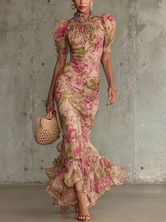 Vintage Rose Print Maxi Dress With Puff Sleeves (Accessories not included)