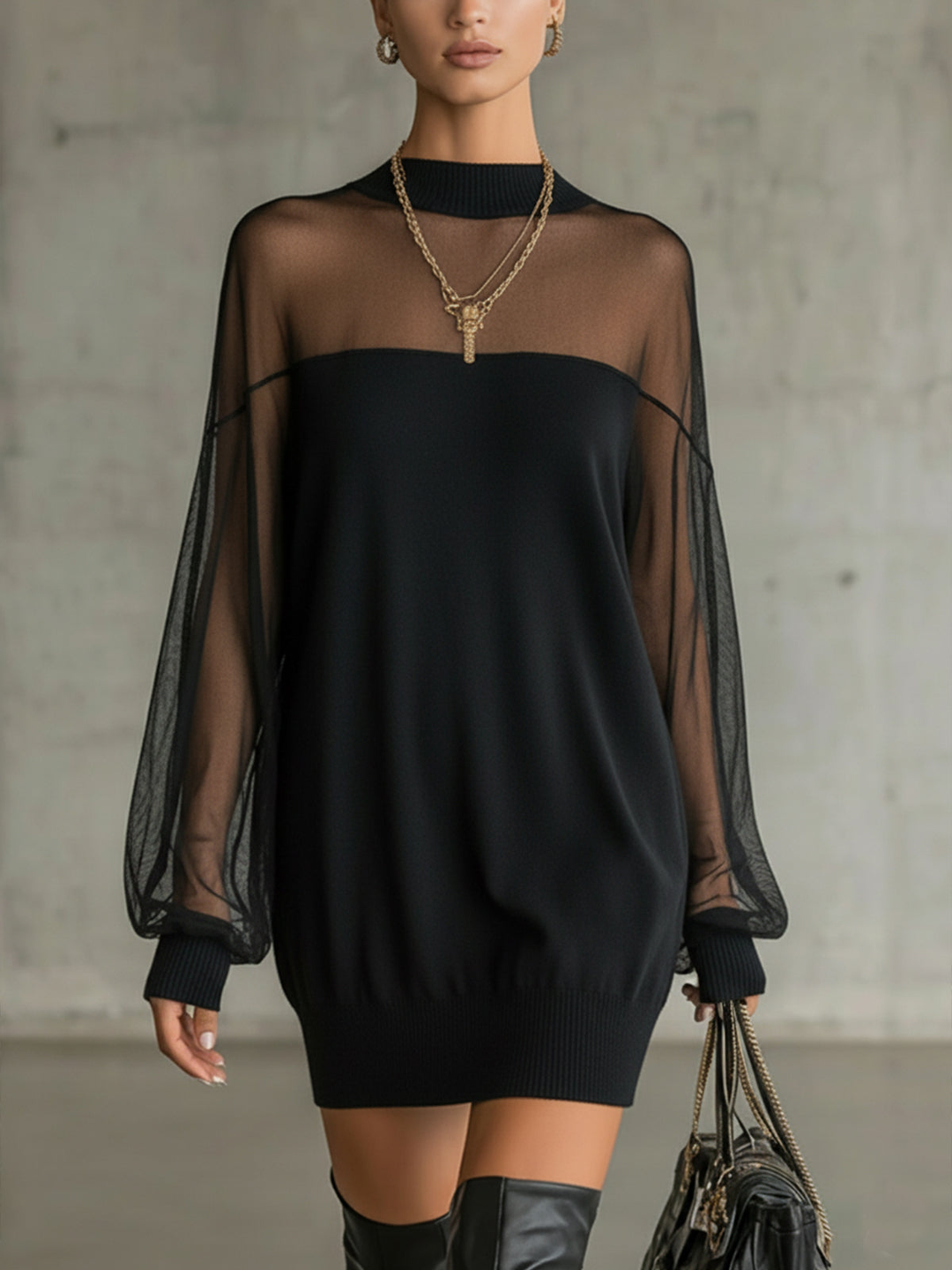 Lois | Black Mini Dress with Sheer Mesh Sleeves and High Neck