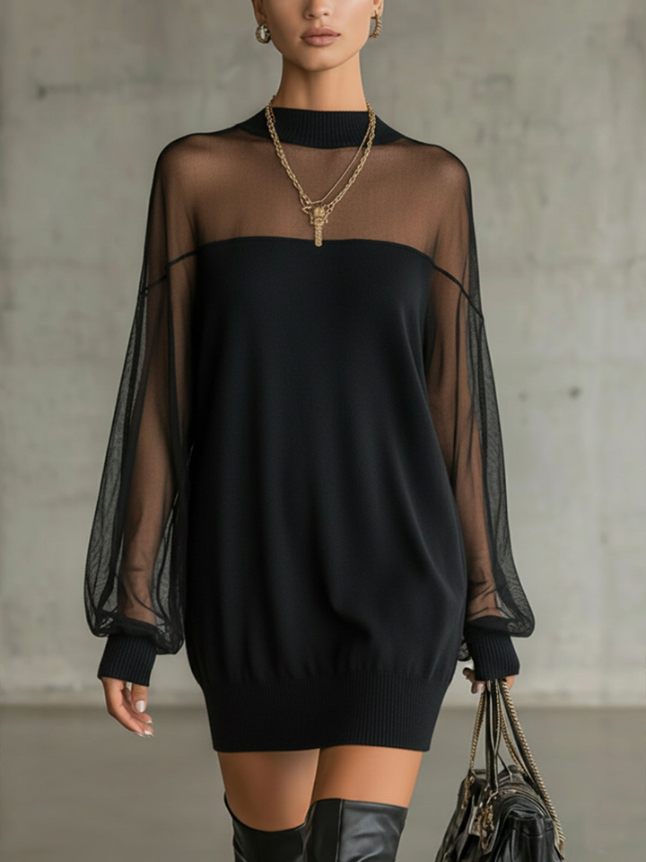 Lois | Black Mini Dress with Sheer Mesh Sleeves and High Neck