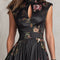 Black Keyhole Collar Floral Pleated Satin Midi Dress