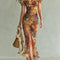 Orange Bohemian Holiday Oil Painting Print Chiffon Maxi Dress
