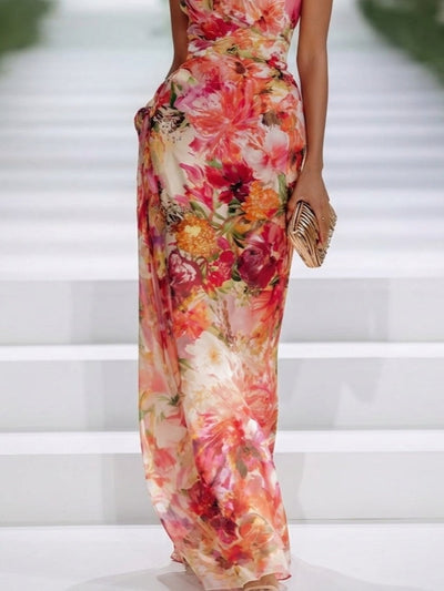 Red Chiffon Floral Halter-neck Sleeveless Maxi Dress