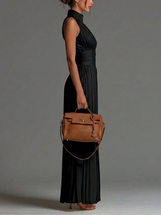 Black V-neck Sleeveless Zip-up Pleated Wide-leg Chiffon Jumpsuit