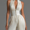 White V-neck Sleeveless Zip-up Pleated Wide-leg Chiffon Jumpsuit