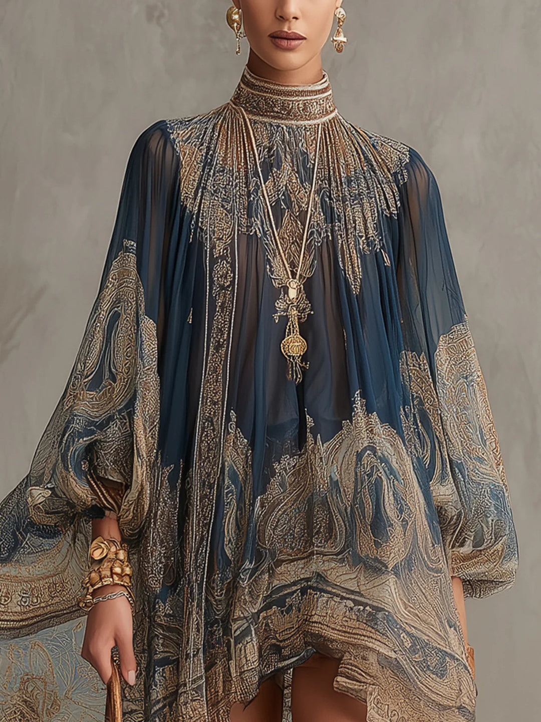 Joyce | Irregular Mini Dress with Navy Blue Baroque Print and High Collar