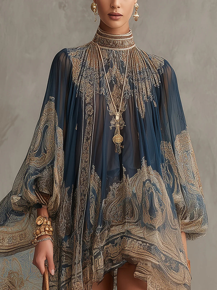 Joyce | Irregular Mini Dress with Navy Blue Baroque Print and High Collar