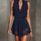Navy Ruffle Trim Pleated Chiffon Lace Jumpsuit