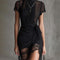 Black Chiffon Pleated Waist Lace-trimmed Mini Dress