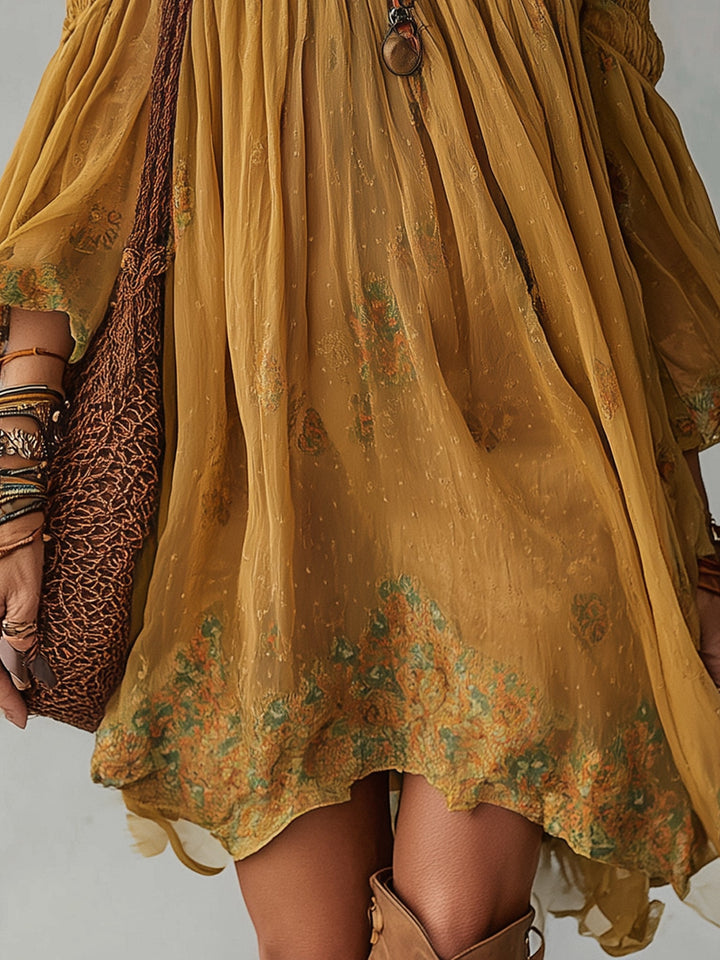Carol Ann | Yellow Floral Chiffon Mini Dress Off Shoulder