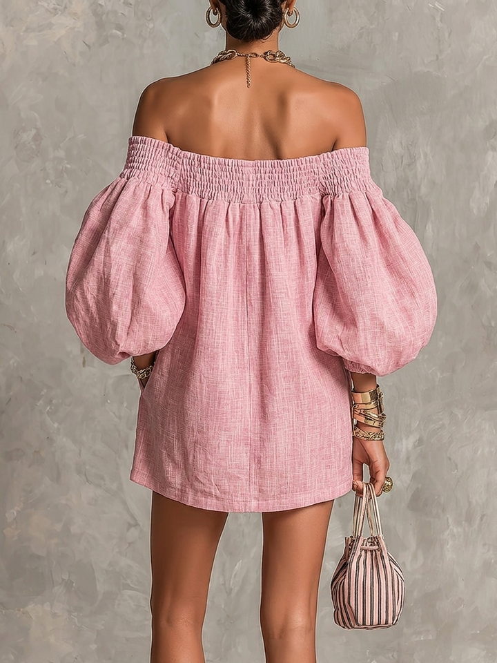 Marilyn | Mini A-Line Loose Dress with Lantern Sleeves and Off-Shoulder in Pink