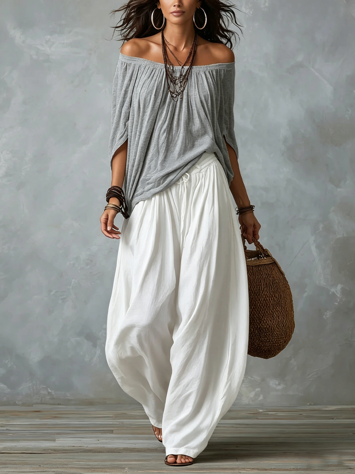 Ella | Top White Off-the-shoulder and Wide Lantern Pants Set