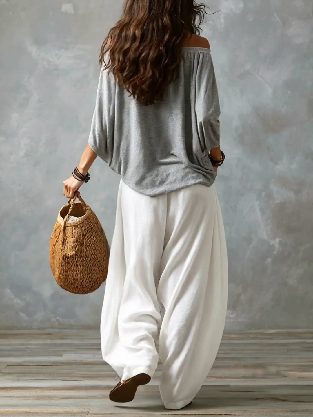Grace | Gray Off-shoulder Top and White Wide-leg Lantern Pants