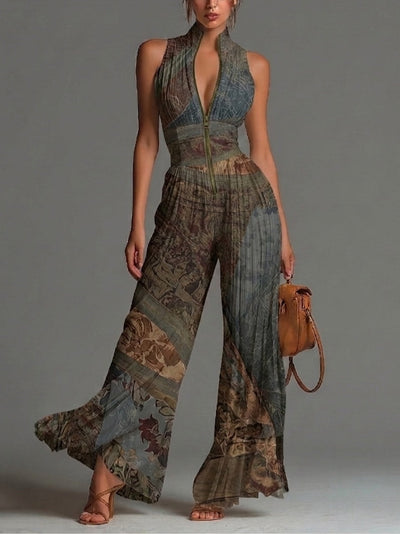 Bohemian Ethnic Print Sleeveless Zipper Pleated Wide-leg Chiffon Jumpsuit