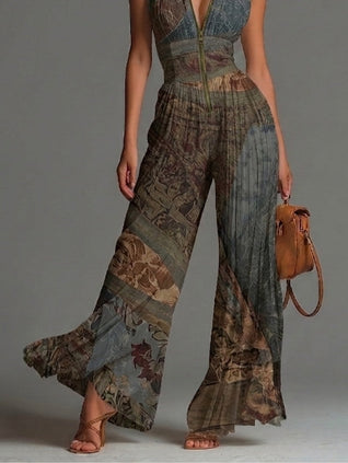 Bohemian Ethnic Print Sleeveless Zipper Pleated Wide-leg Chiffon Jumpsuit
