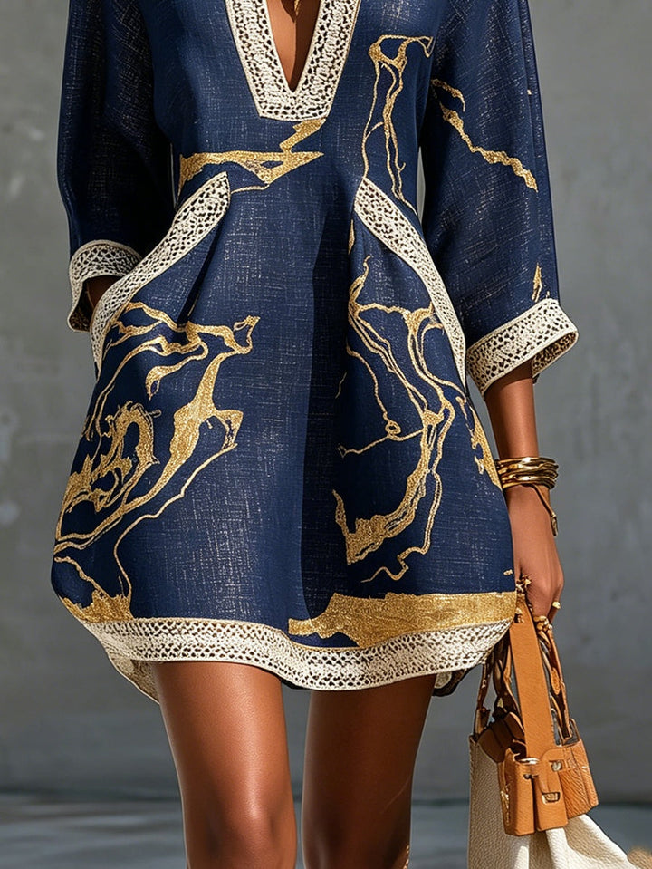 Sandra | Mini V-neck Printed Gold Marina Dress