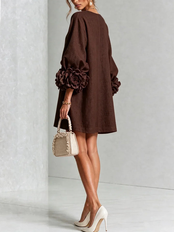 Elvira Mini Dress with Floral Buttons and Flower Sleeves