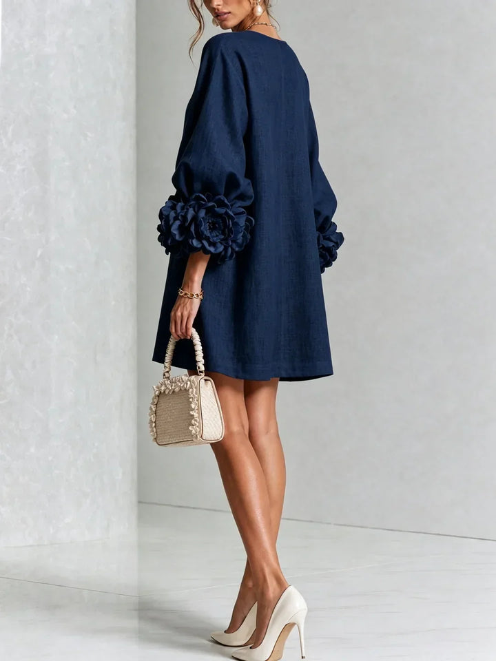 Elvira Mini Dress with Floral Buttons and Flower Sleeves
