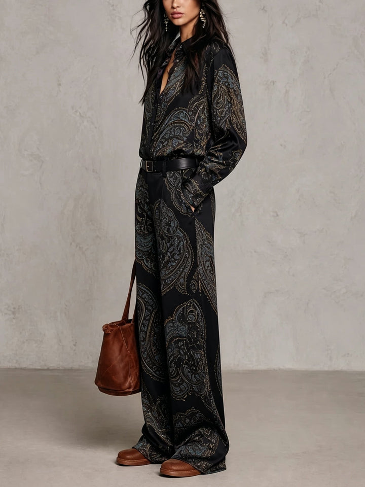 Complete Satin Shirt with Long Sleeves and Black Print with Wider Pants