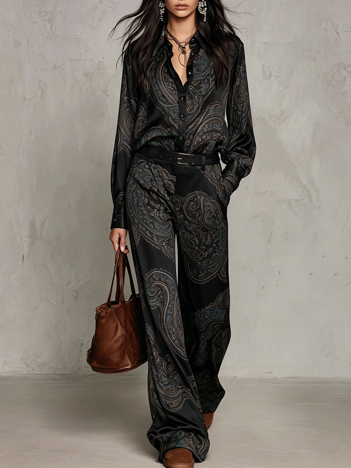 Complete Satin Shirt with Long Sleeves and Black Print with Wider Pants