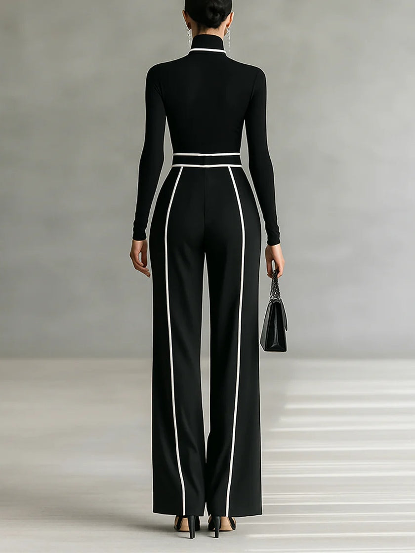 Lyn | Long Sleeve High Neck Top and Wide Leg Trousers Set with Belt