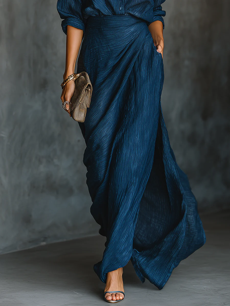Lydia | Elegant Dark Blue Cotton and Linen Shirt Set with Long Skirt