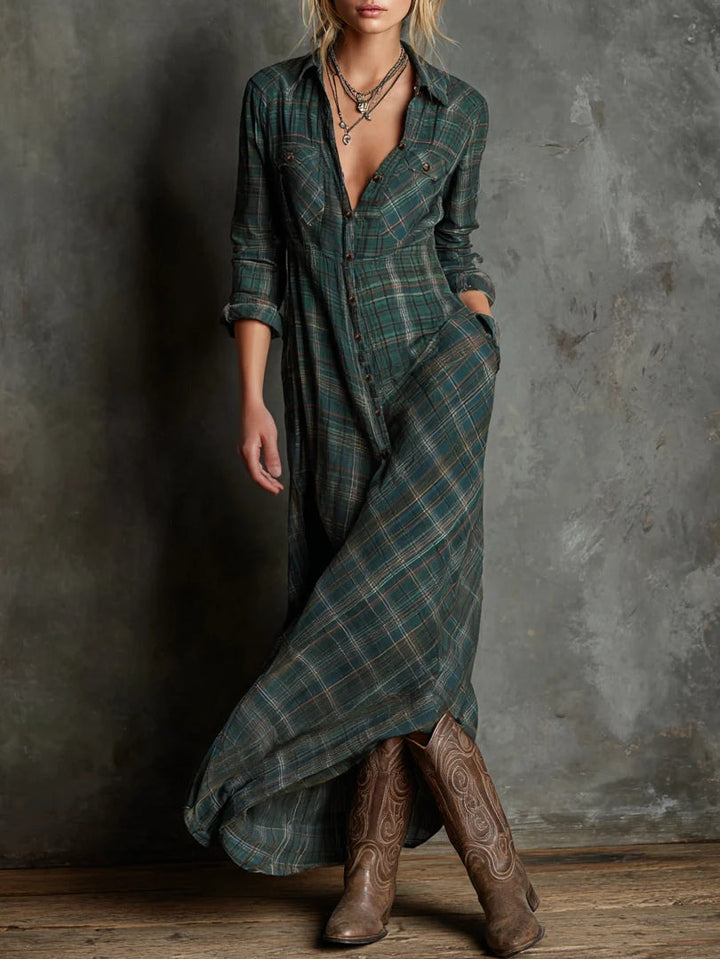 Taylor | Long Checkered Shirt Dress with Fold