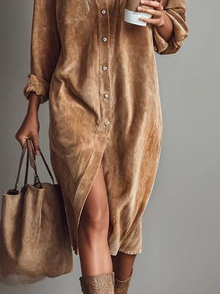 Ruby | Midi Corduroy Dress with Double Breasted Pockets and Single Button