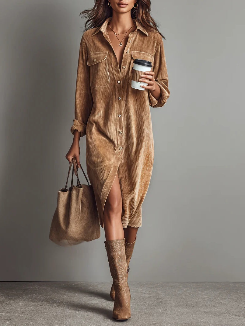 Ruby | Midi Corduroy Dress with Double Breasted Pockets and Single Button